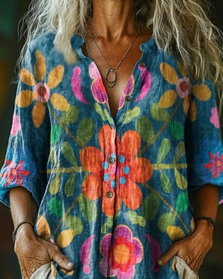Women's Bohemian Floral Art Print Casual Cotton Linen Shirt