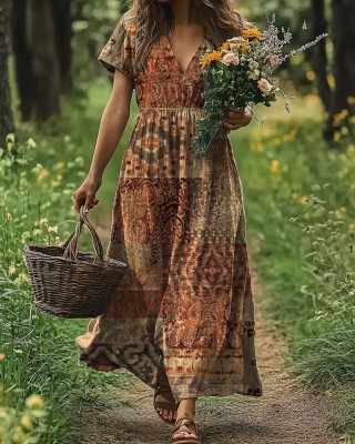 Women's Art Painting Ethnic Retro Print V-Neck Dress