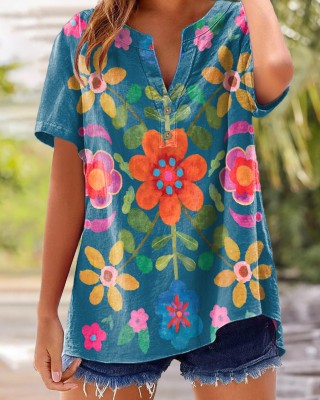 Women's Bohemian Floral Art Print Casual Cotton And Linen Shirt-1