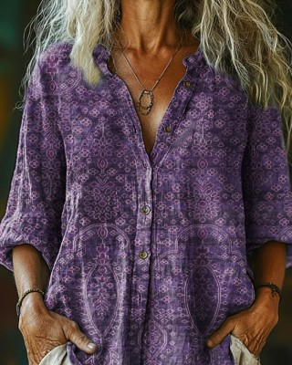 Women's Art Painting Purple Vintage Floral Print Long Sleeve Shirt
