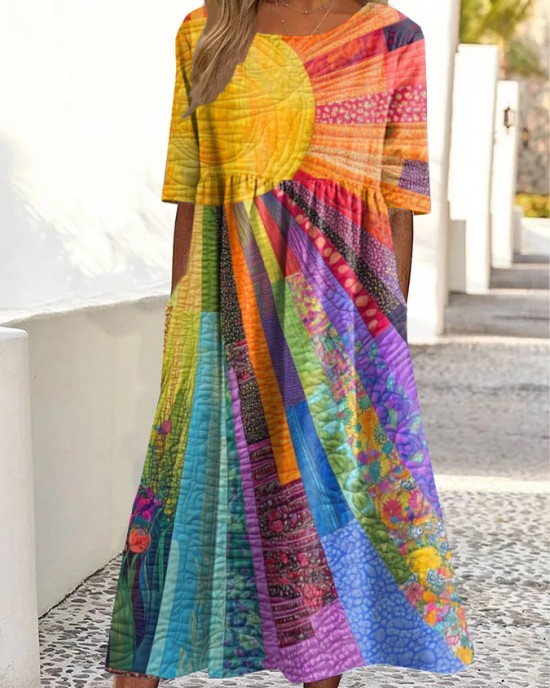 Vintage Sun Rainbow Floral Print Crew Neck Pocket Midi Dress