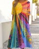 Vintage Sun Rainbow Floral Print Crew Neck Pocket Midi Dress