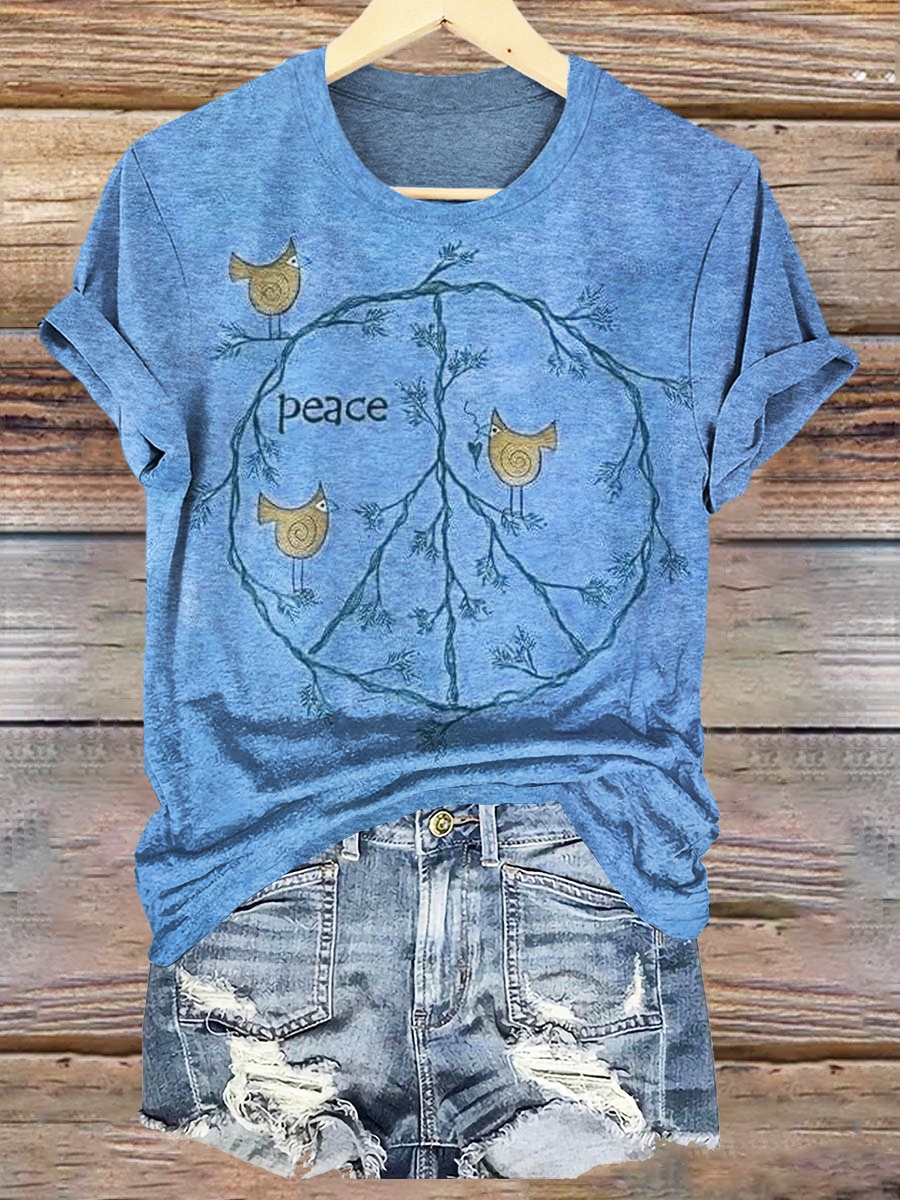 Women's Vintage Peace Love Birds Print Crew Neck T-shirt Women's Vintage Peace Love Birds Print Crew Neck T-shirt
