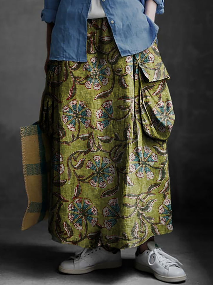 Women's Folk Art Floral Print Casual Cotton and Linen Pocket Skirt