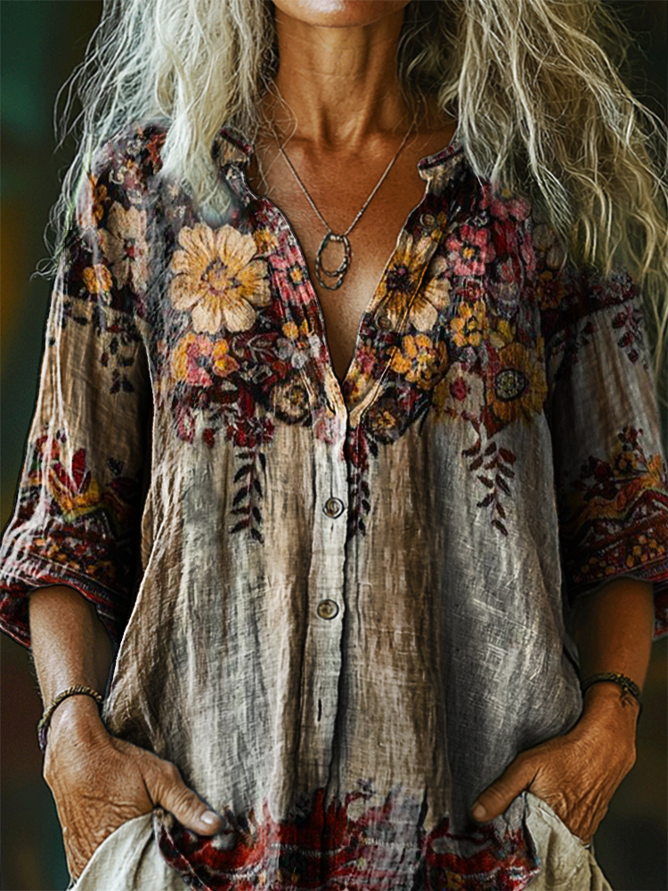 Women's Vintage Ethnic Floral Art Print Casual Cotton Linen Shirt