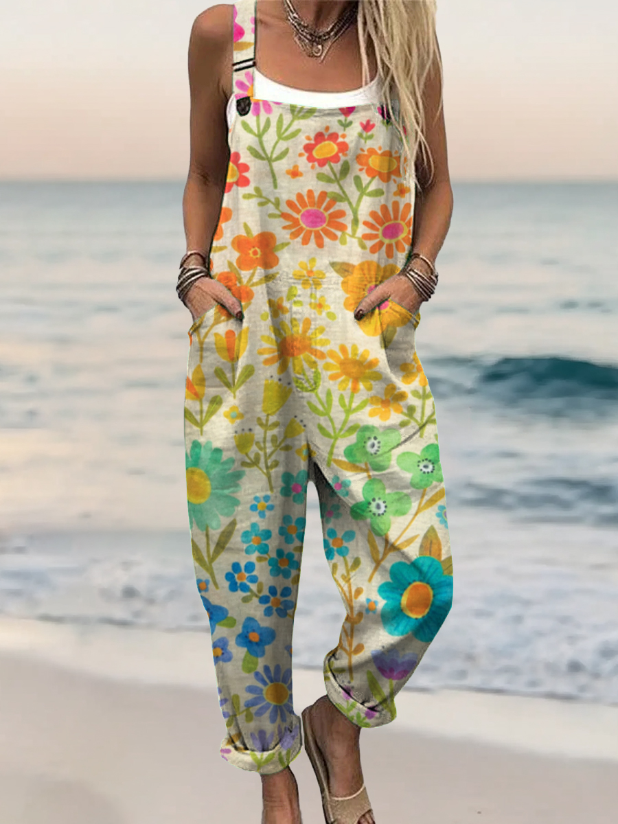 Women's Vintage Floral Art Print Casual 100% Cotton Wide Leg Jumpsuit