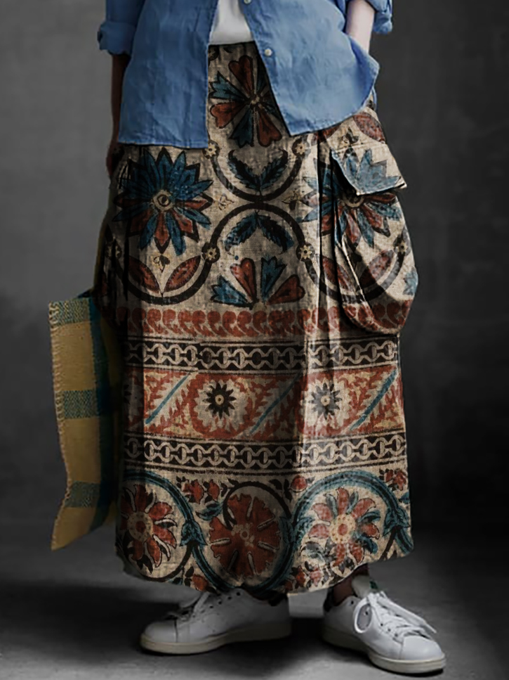 Women's Folk Art Floral Print Casual Cotton and Linen Pocket Skirt