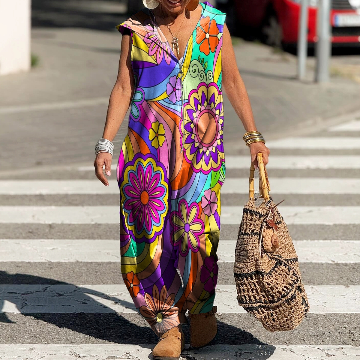 Women's Hippie Floral Power Art Printed Casual Zipper Hooded Cotton Jumpsuit