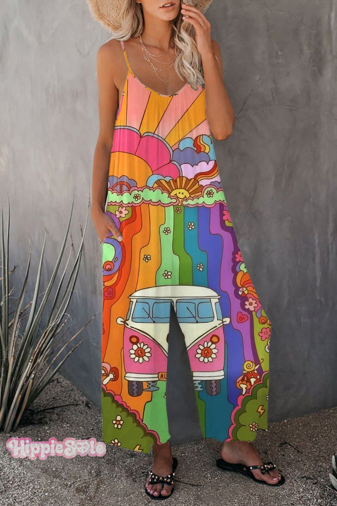 Vintage Colorful Hippie Print Wide leg Jumpsuit with Pockets Vintage Colorful Hippie Print Wide leg Jumpsuit with Pockets