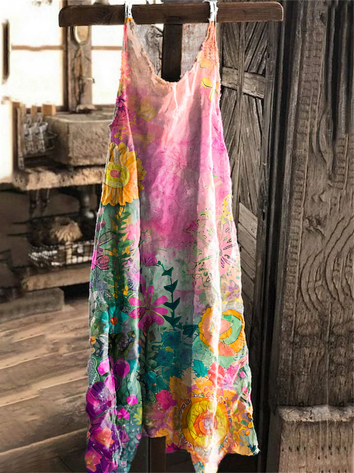Women's Colorful Flower Print Pocket Cotton Dress