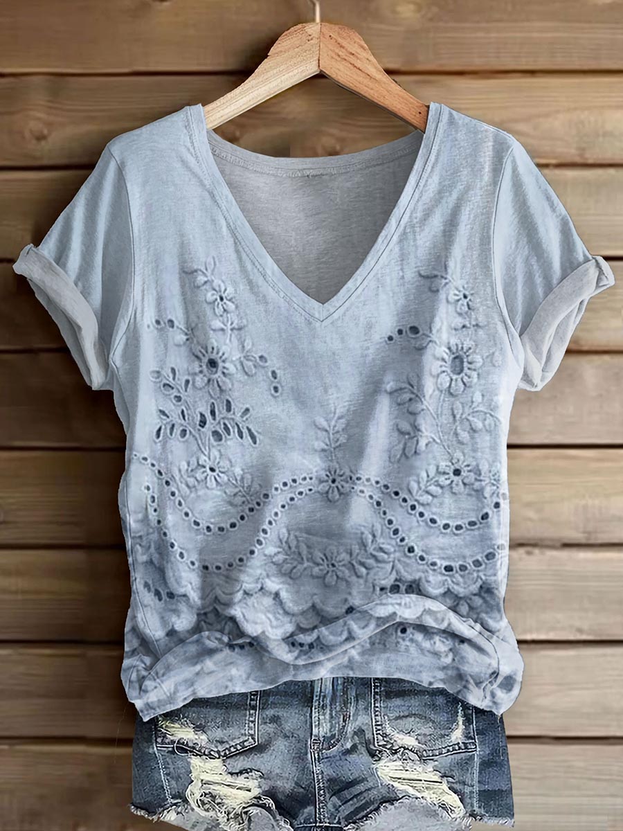 Women's Vintage Floral Texture Art Print V-neck Casual T-Shirt Women's Vintage Floral Texture Art Print V-neck Casual T-Shirt