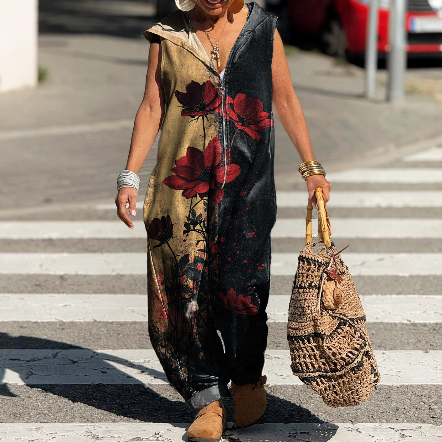 Women's Retro Rose Flower Art Printed Casual Zipper Hooded Cotton Jumpsuit