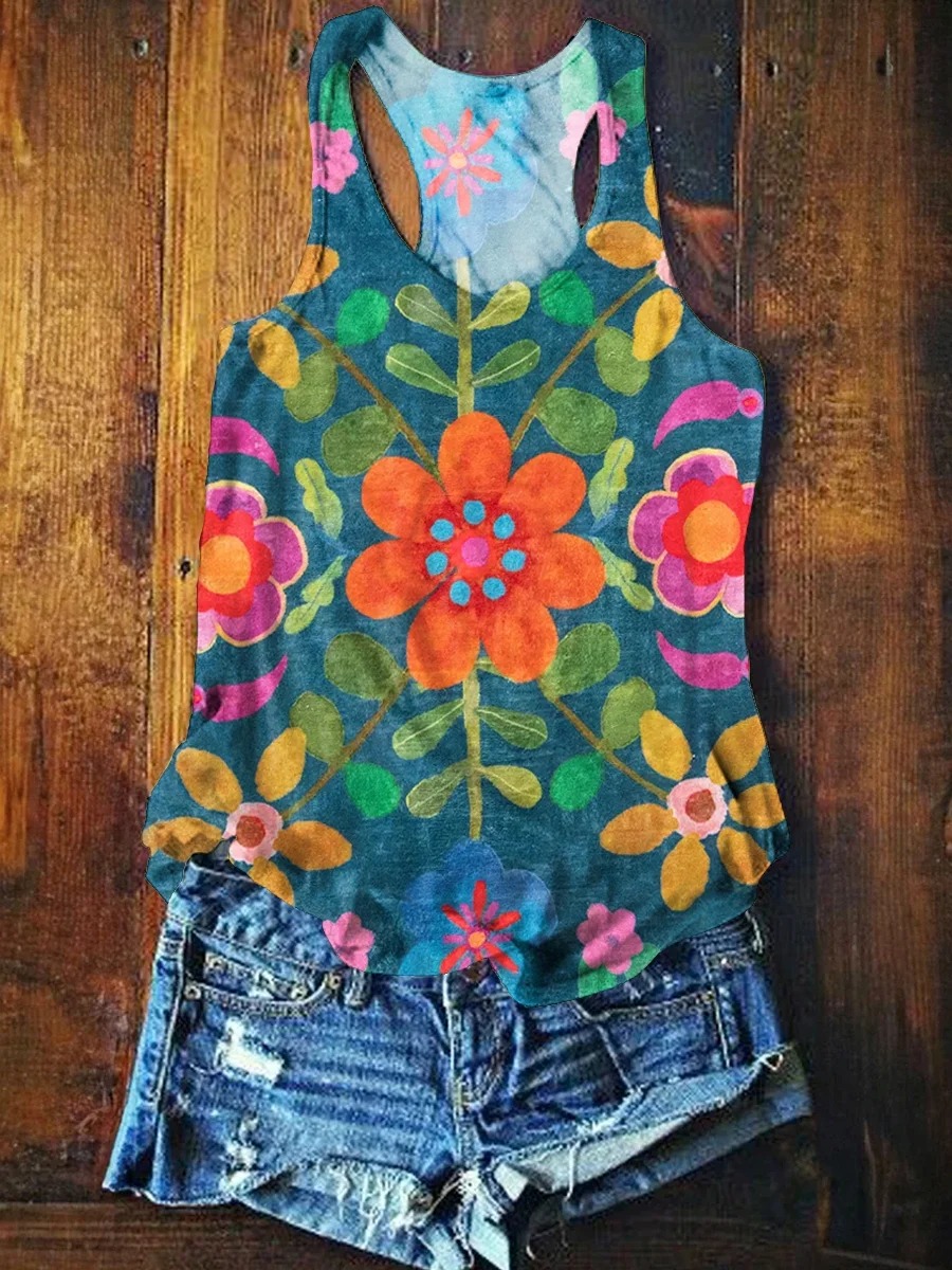 Women's Bohemian Floral Art Print Flowy Cotton Crew Neck Dress Women's Bohemian Floral Art Print Flowy Cotton Crew Neck Dress