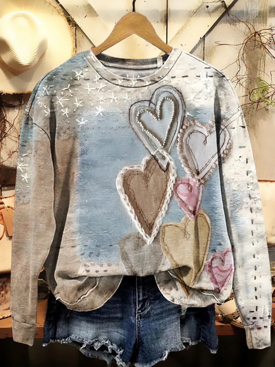 Valentine'S Day Vintage Heart Pattern Print Crew Neck T-shirt Valentine'S Day Vintage Heart Pattern Print Crew Neck T-shirt