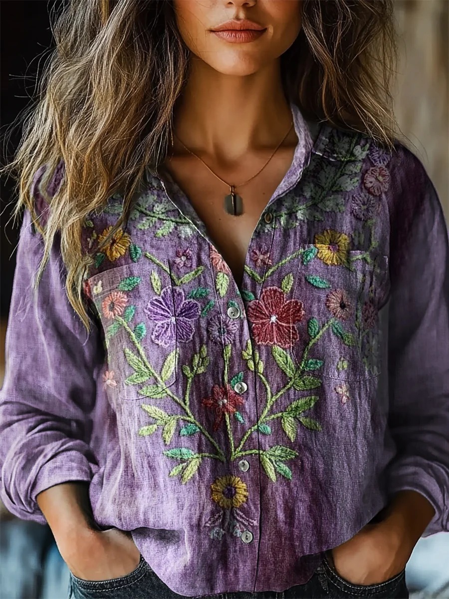 Women's Vintage Ethnic Floral Art Print Casual Cotton Linen Shirt Women's Vintage Ethnic Floral Art Print Casual Cotton Linen Shirt