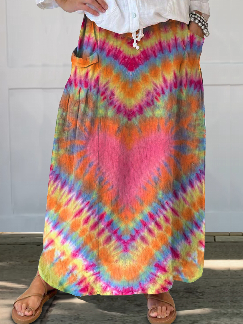 Women's Colorful Love Heart Tie Dye Linen Pocket Skirt
