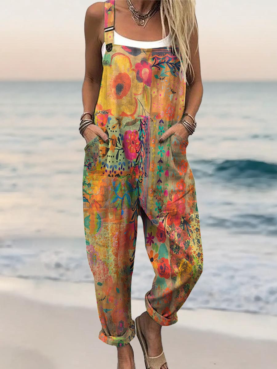 Women's Vintage Watercolor Flower Collage Art Print Casual 100% Cotton Jumpsuit