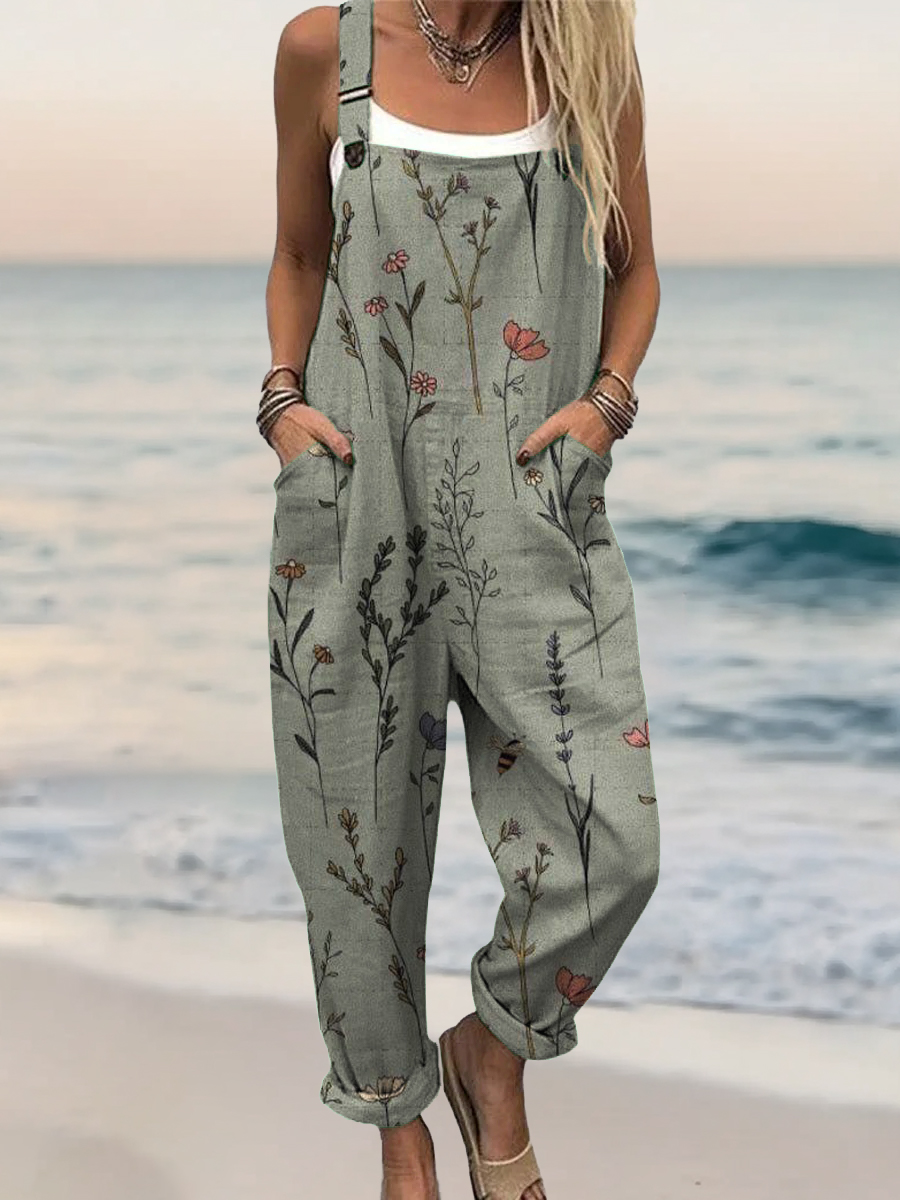 Women's Vintage Floral Art Print Casual 100% Cotton Wide Leg Jumpsuit