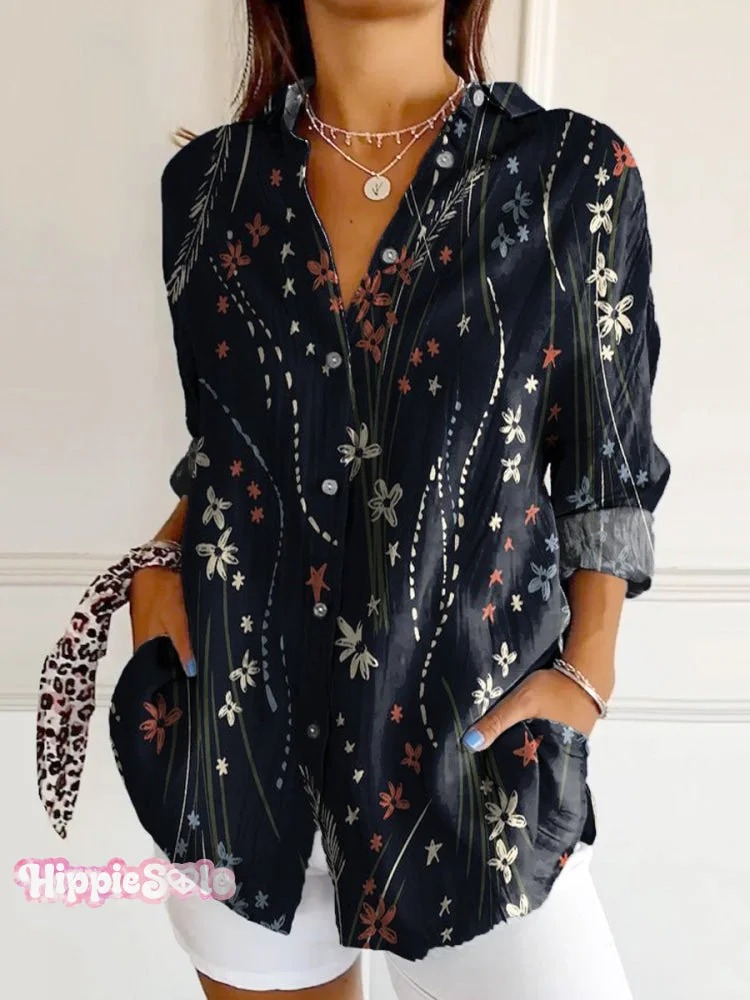 Women's Vintage Floral Bird Art Print Casual Cotton Shirt Women's Vintage Floral Bird Art Print Casual Cotton Shirt
