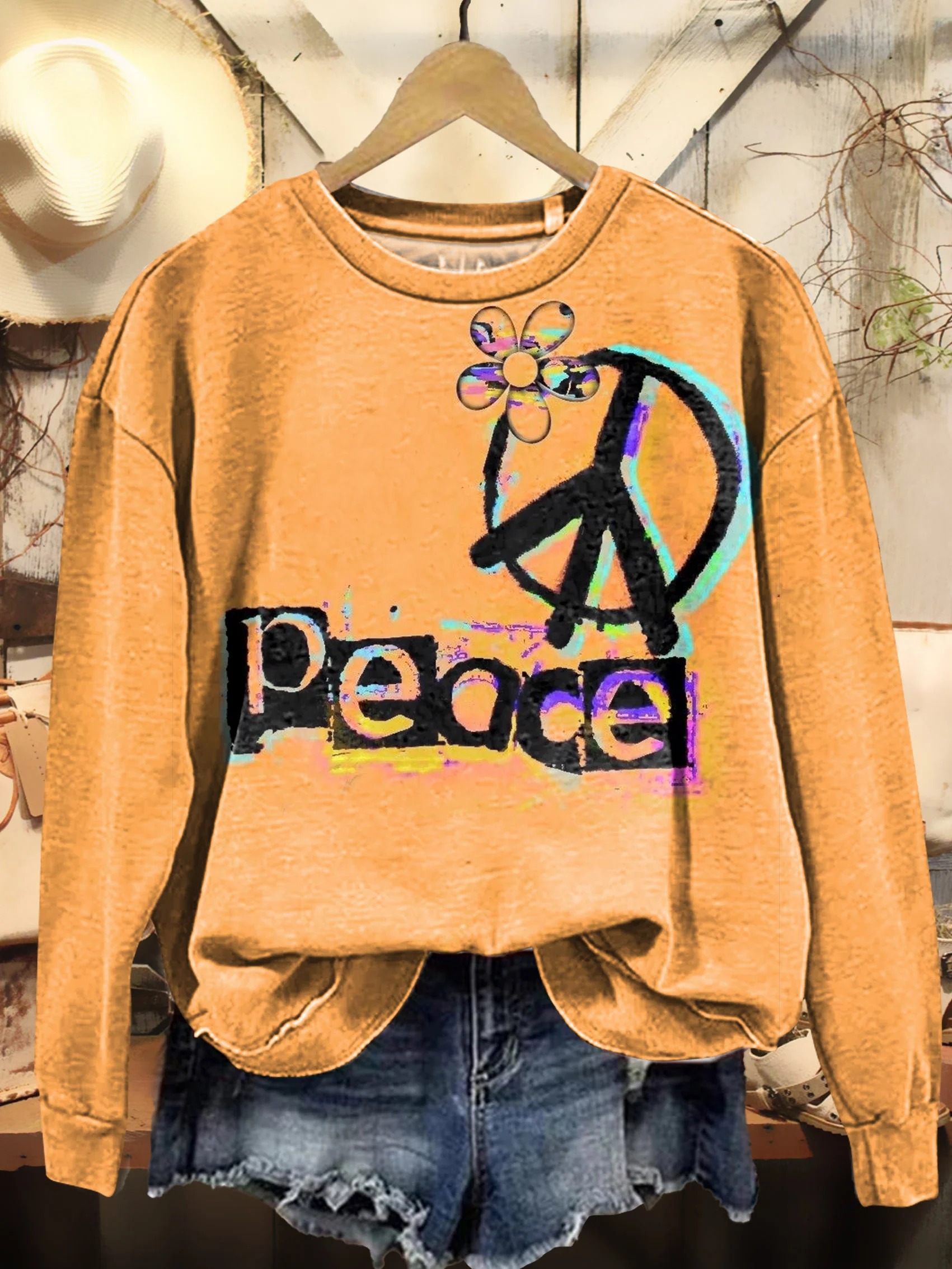 Women's Love Peace Hippy Art Print Cotton Crew Neck T-Shirt Women's Love Peace Hippy Art Print Cotton Crew Neck T-Shirt