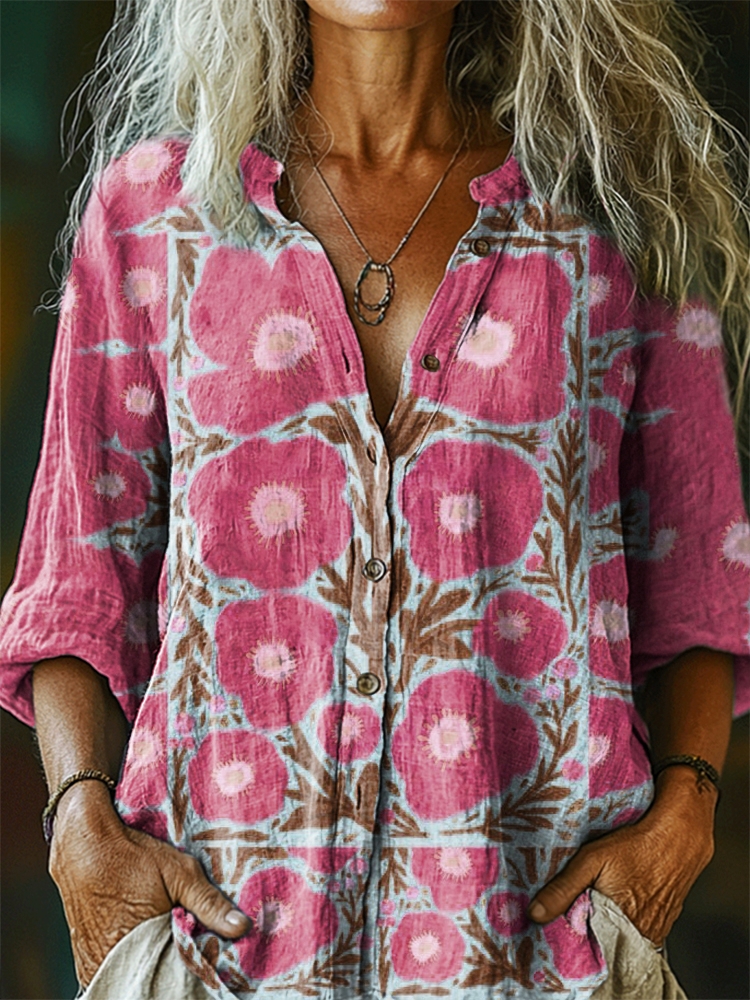 Women's Floral Pattern Art Print Casual Cotton Linen Shirt Women's Floral Pattern Art Print Casual Cotton Linen Shirt