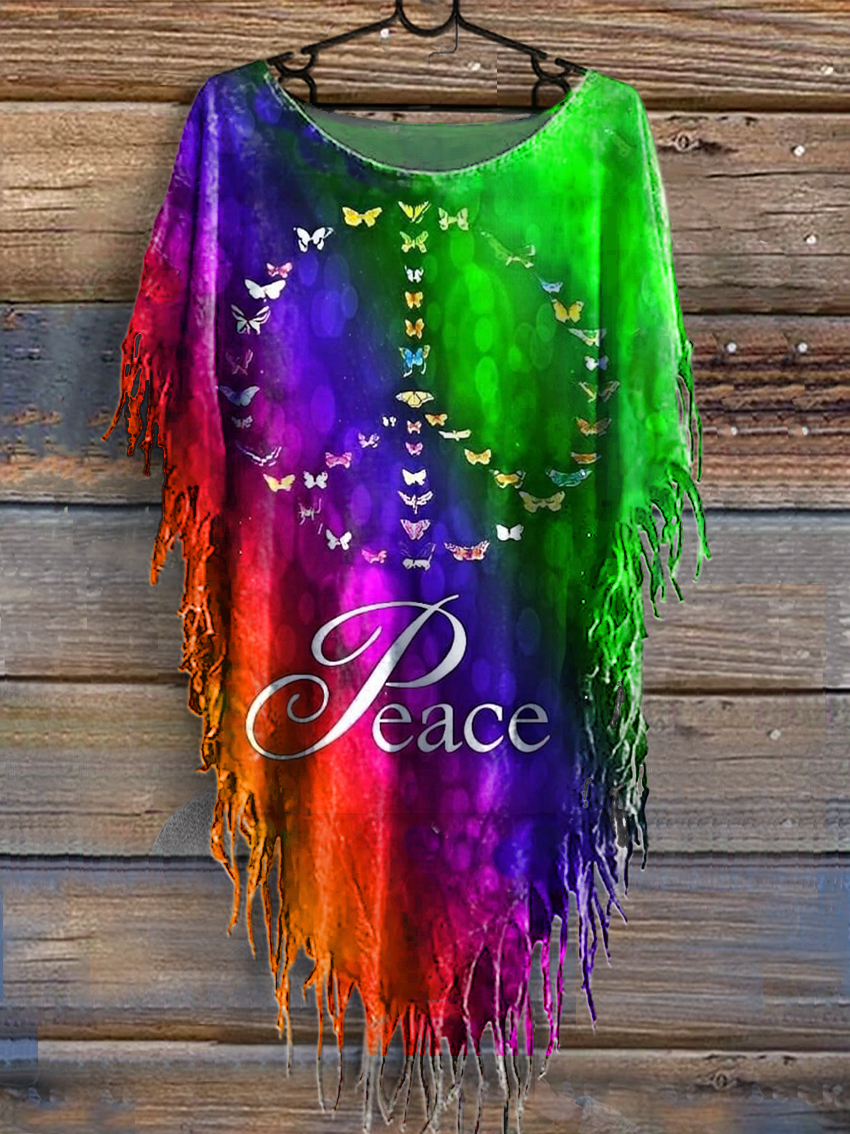 Women's Tie-Dye Love Peace Hippie Pattern Art Print Punk Hippie Batwing Pleated Fringe Cape Dresses