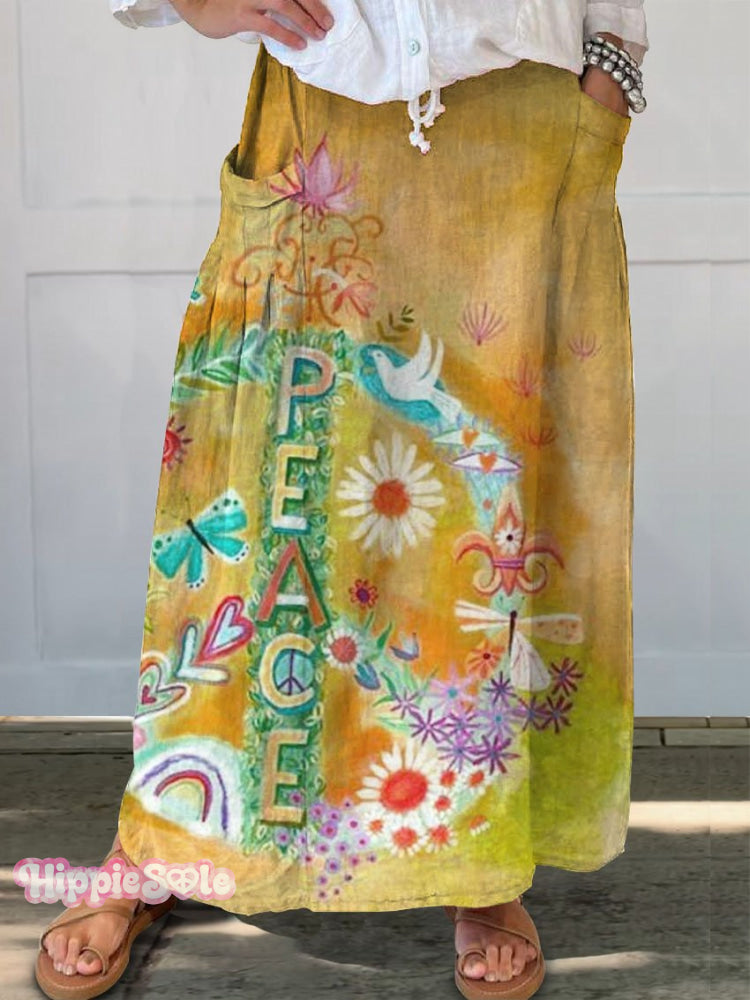 Women's Hippie Peace Floral Print Linen Pocket Skirt
