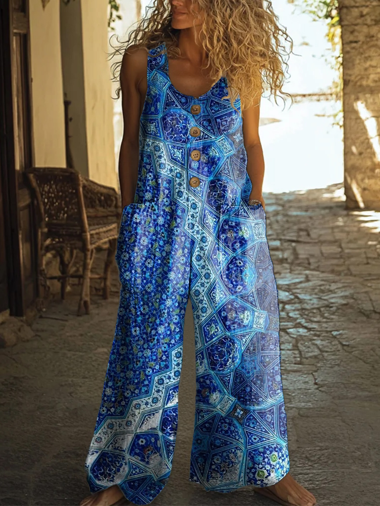 Women's Vintage Floral Mandala Embellished Pattern Art Print Casual Suspenders Wide Leg Pants