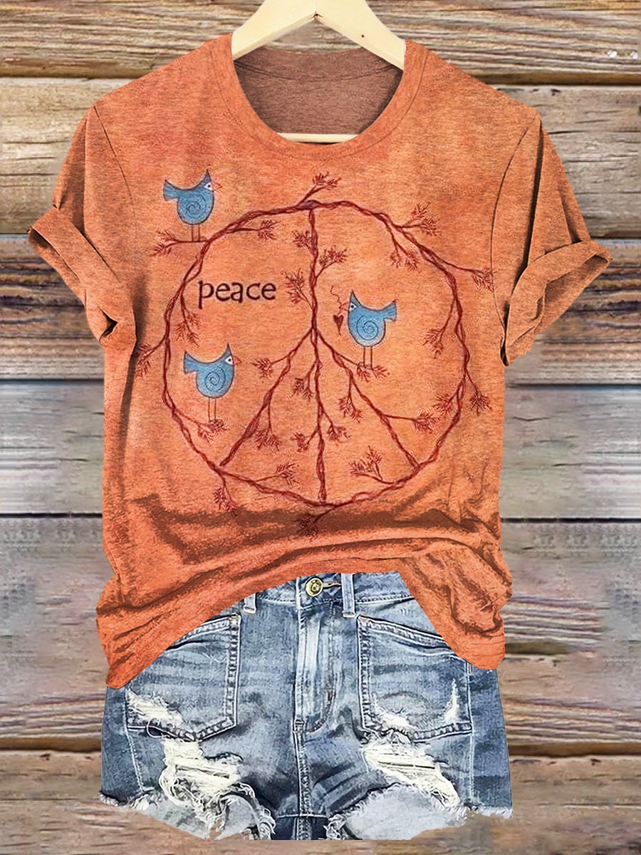 Women's Vintage Peace Love Birds Print Crew Neck T-shirt Women's Vintage Peace Love Birds Print Crew Neck T-shirt