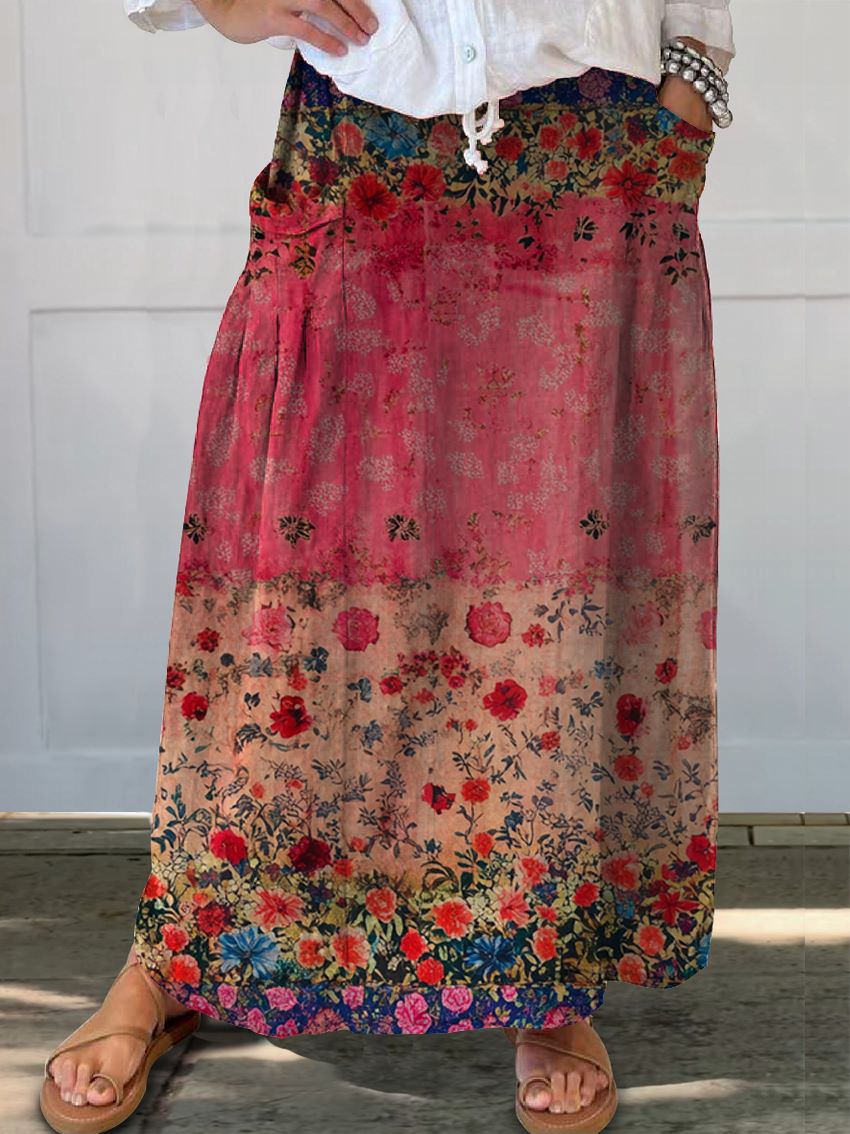 Women's Floral Art Printed Linen Pocket Skirt