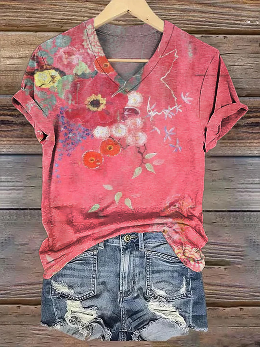 Women's Retro Flower Print V-neck Casual T-Shirt