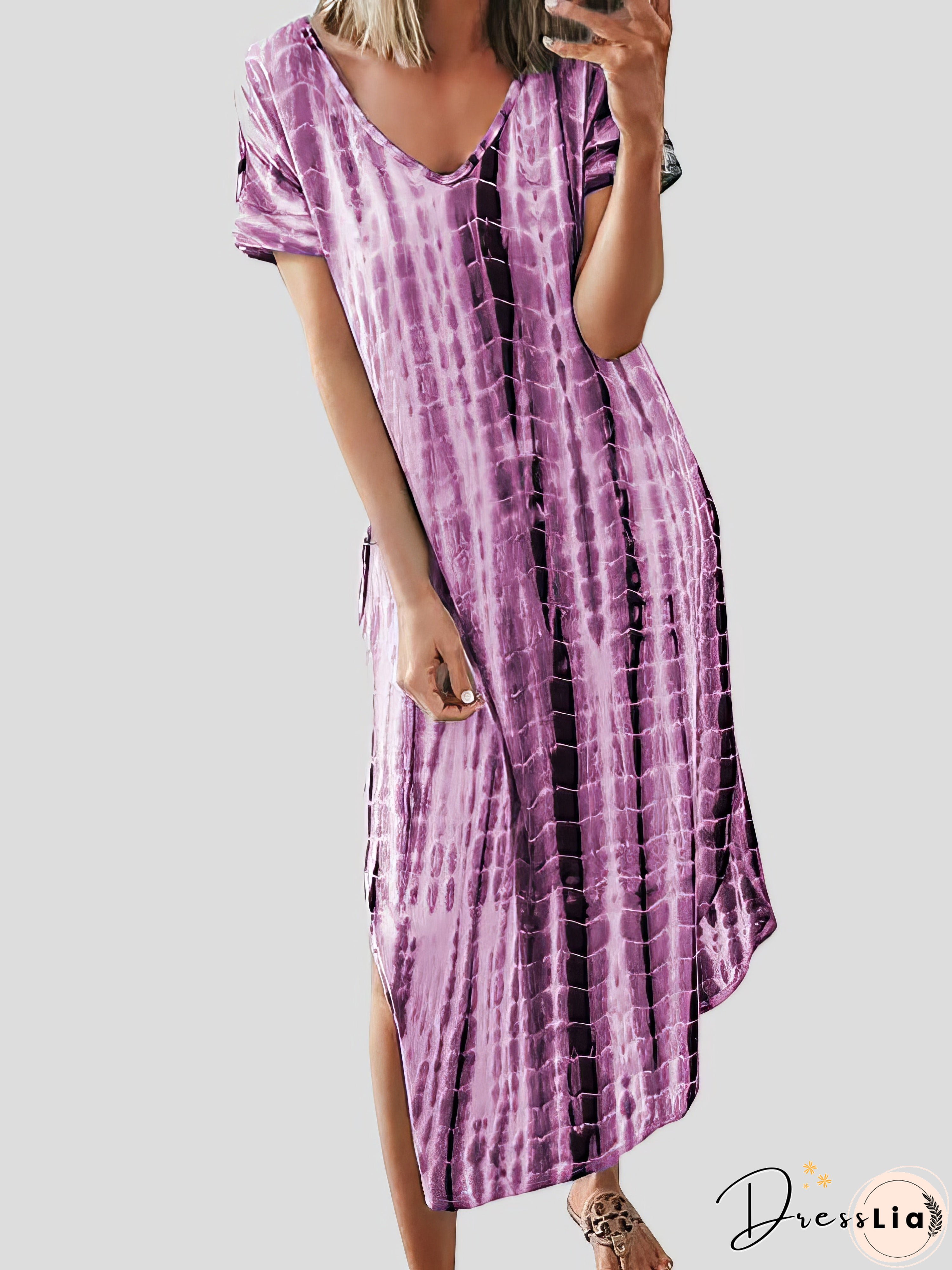 Loose Tie-Dye Printed V-Neck Split Dress Loose Tie-Dye Printed V-Neck Split Dress