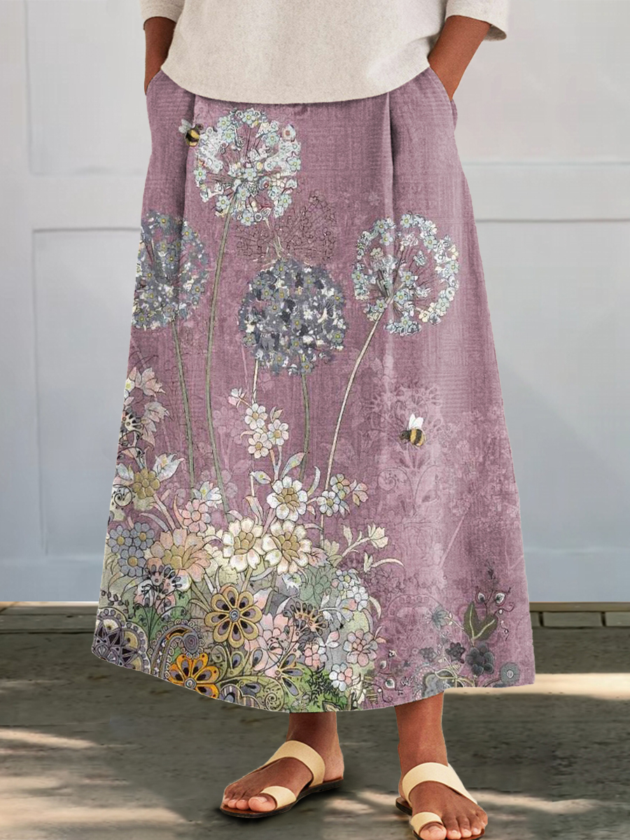 Women's Folk Flower Print Cotton and Linen Pocket Skirt