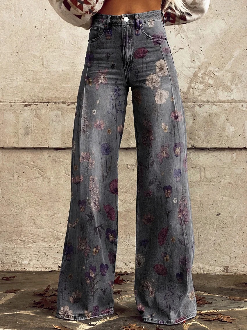 Women's  Flower Art  Print   Linen Pocket Skirt