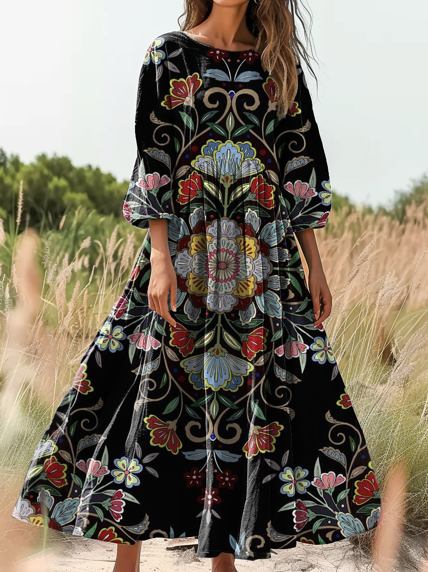 Women's Retro Ethnic Totem Floral Art Pattern Print Pocket Cotton Dress