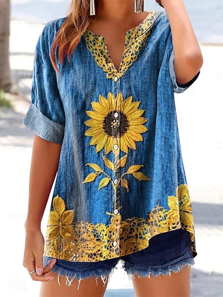 Women's Floral Pattern Art Print Cotton Linen Casual Shirt
