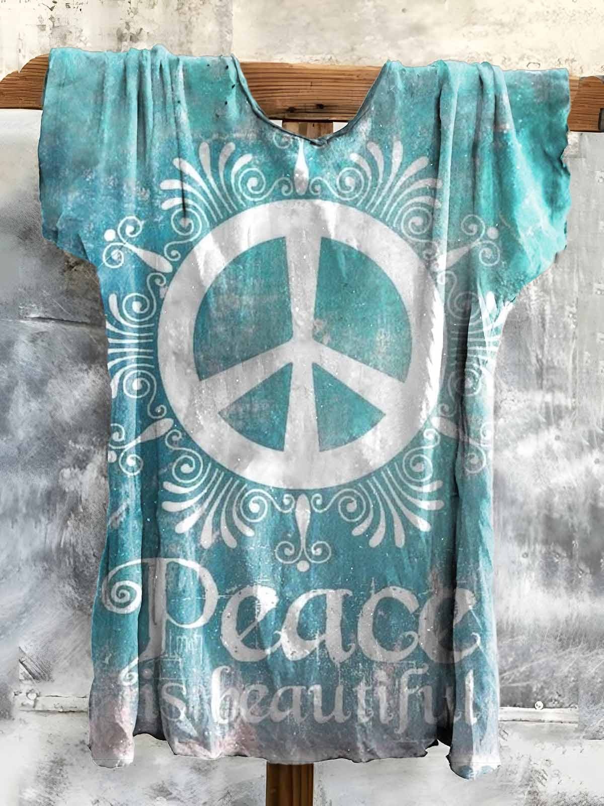 Women's Hippie Peace Is Beautiful Print Short Sleeve Pocket Cotton Linen Dress Women's Hippie Peace Is Beautiful Print Short Sleeve Pocket Cotton Linen Dress