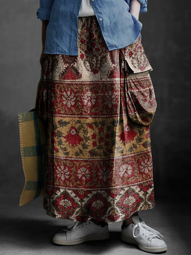 Women's Folk Floral Collage Art Print Casual Cotton and Linen Pocket Skirt