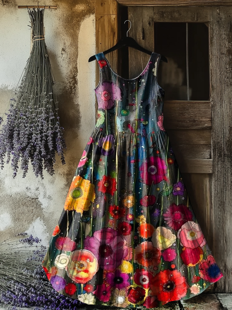 Women's Watercolor Floral Art Print Crew Neck Sleeveless Cotton Pocket Dress