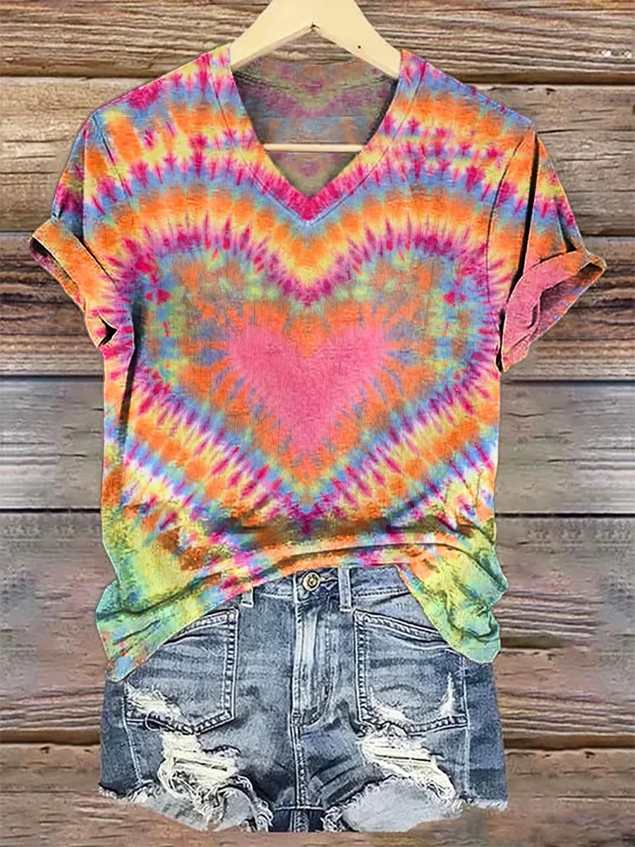 Women's Valentine's Day Colorful Heart Tie Dye Print Casual Long Sleeve Comfortable Cotton Shirt Women's Valentine's Day Colorful Heart Tie Dye Print Casual Long Sleeve Comfortable Cotton Shirt