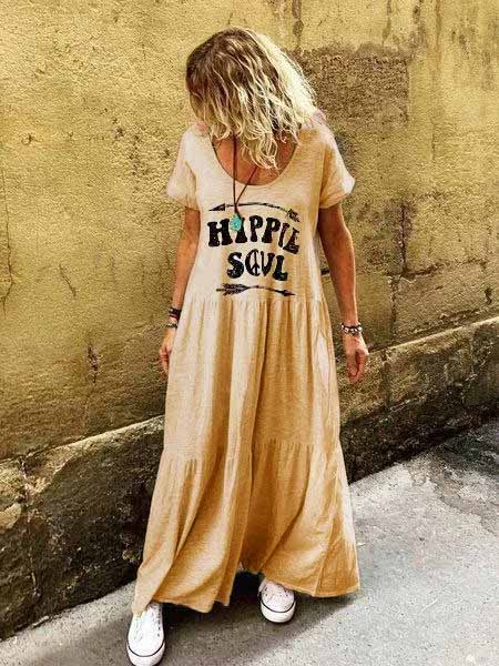 Letter Short Sleeve Crew Neck Boho Dress Letter Short Sleeve Crew Neck Boho Dress