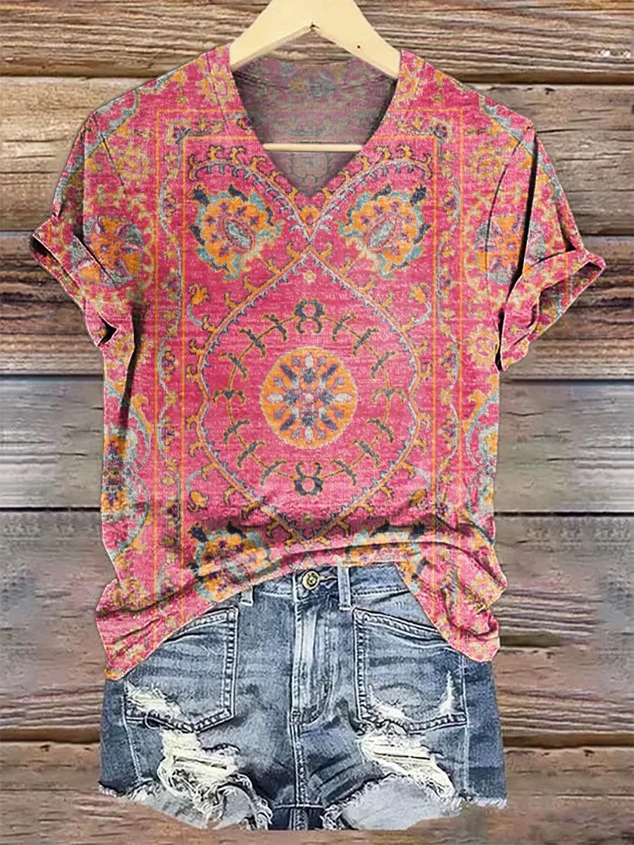 Women's Retro Flower Print V-neck Casual T-Shirt Women's Retro Flower Print V-neck Casual T-Shirt