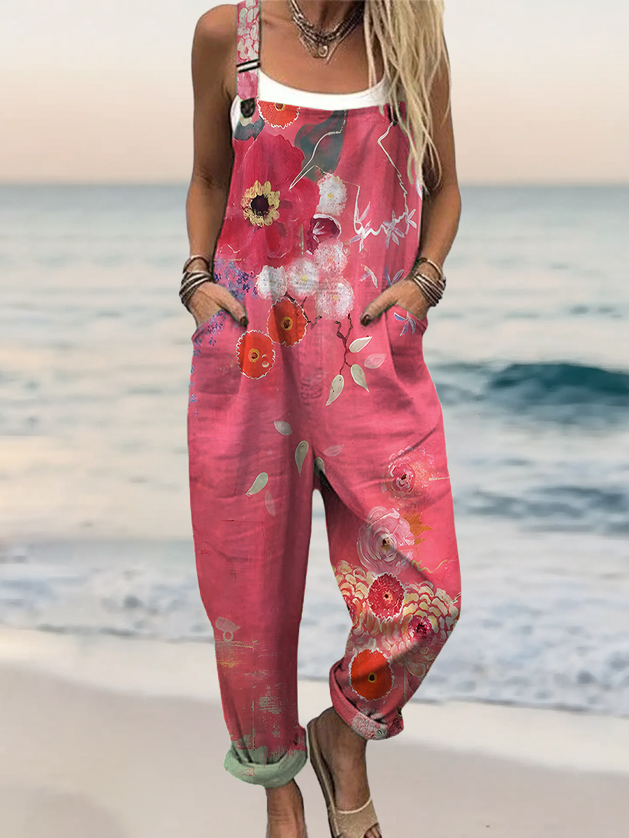 Women's Folk Floral Art Print Casual Cotton Pocket Jumpsuit
