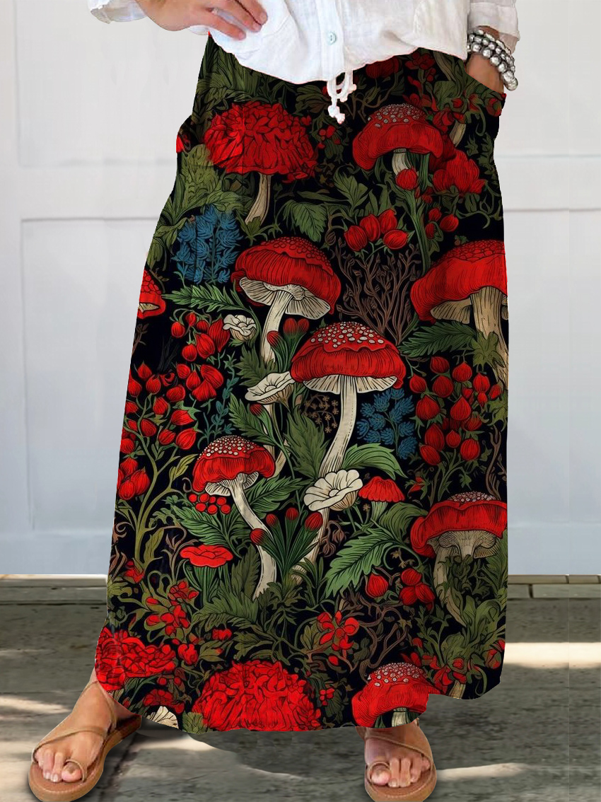 Women's Retro Mushroom Print Linen Pocket Skirt