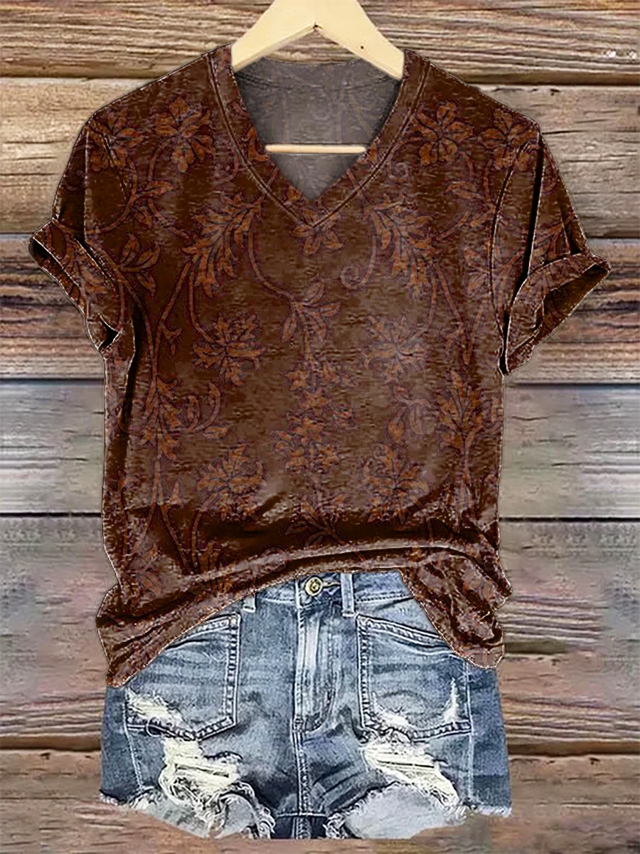 Women's Vintage Folk Flowers Print V-neck Casual T-Shirt