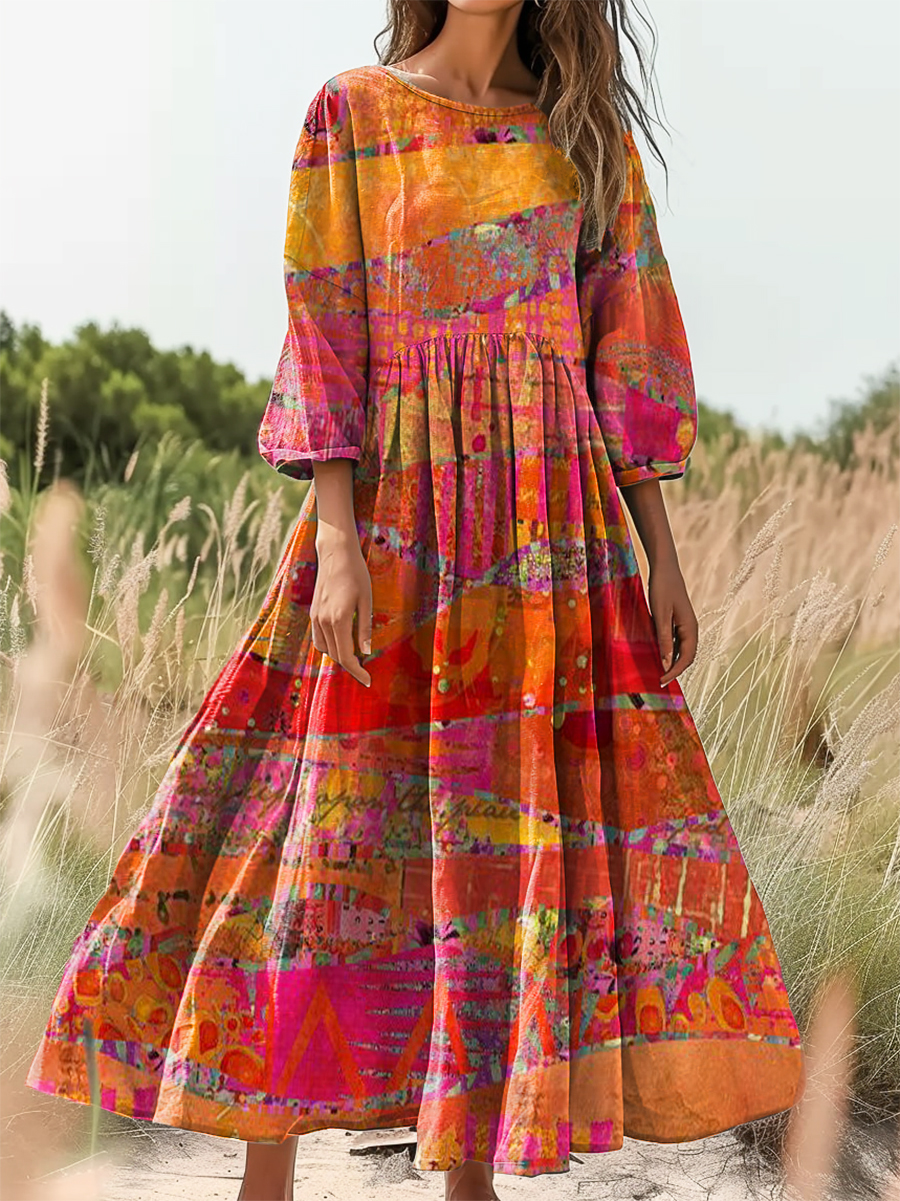 Women's Colorful Ethnic Art Print Flowy Cotton Crew Neck Dress