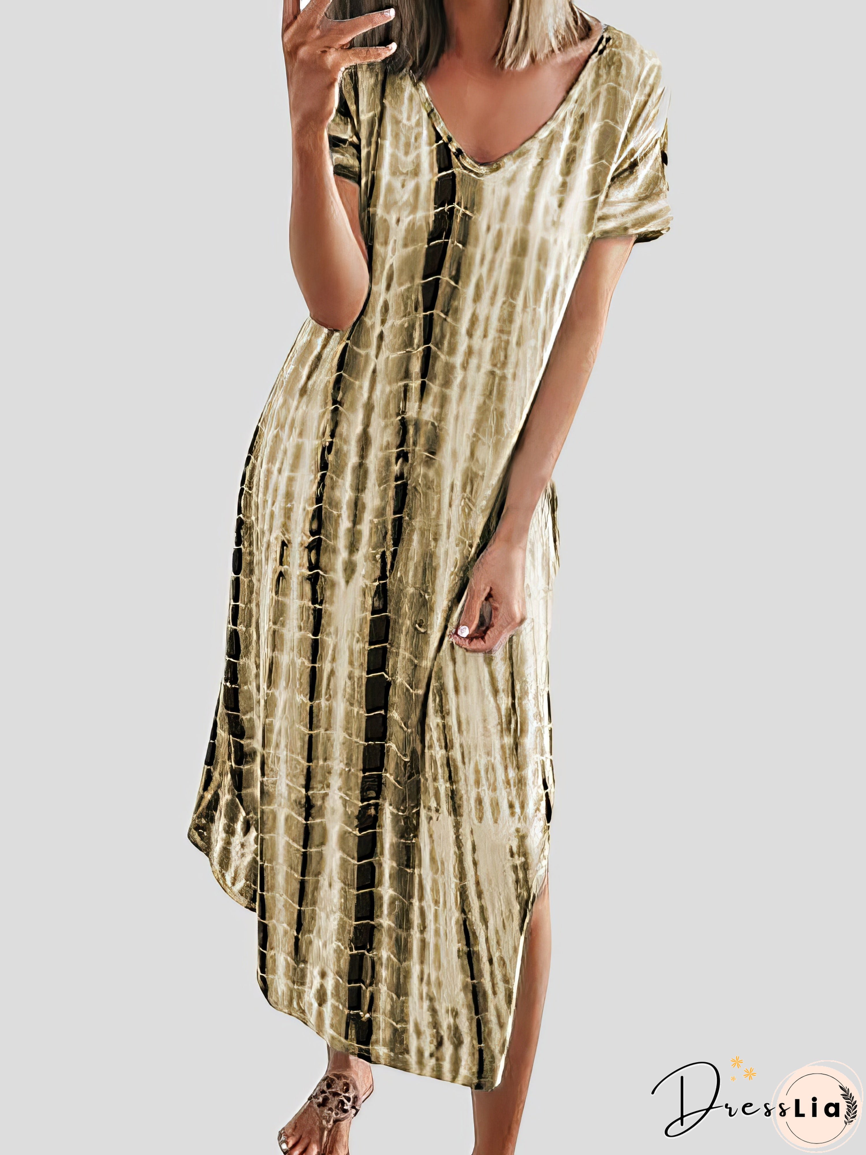 Loose Tie-Dye Printed V-Neck Split Dress Loose Tie-Dye Printed V-Neck Split Dress
