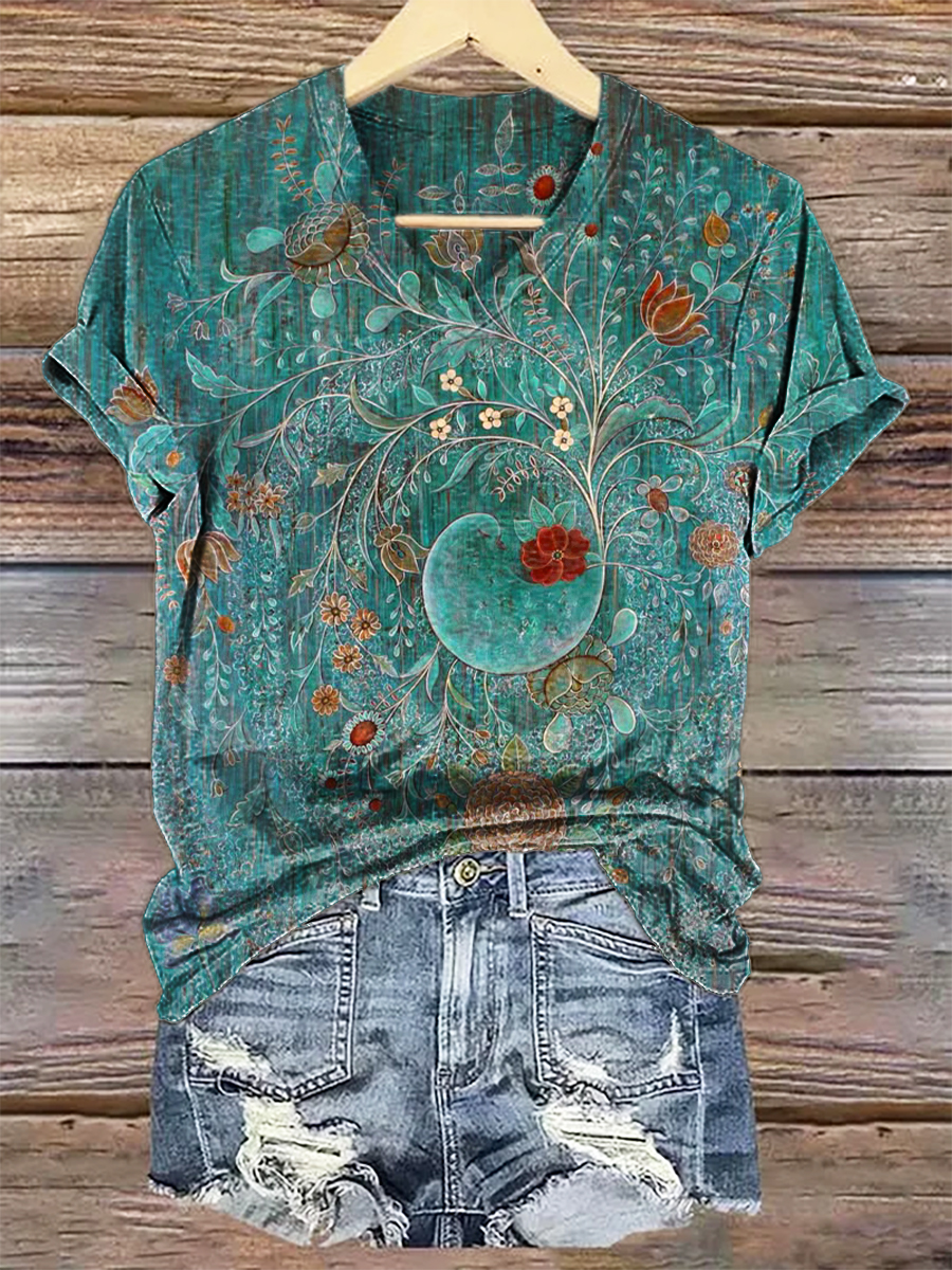 Women's Vintage Floral Art Print V-neck Casual T-Shirt-1