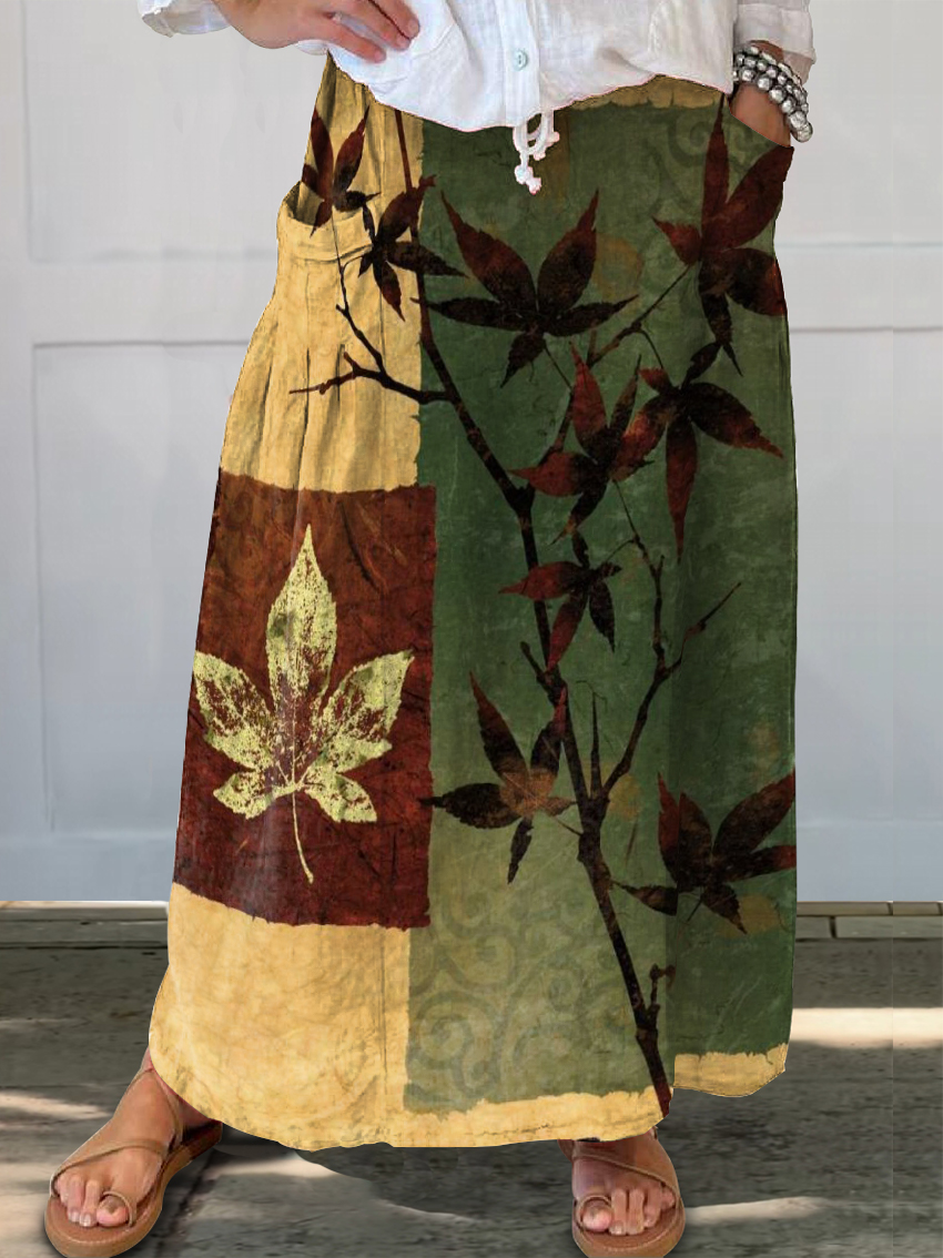 Women's Art Painting Ethnic Style Contrast Color Maple Leaf Retro Print Skirt