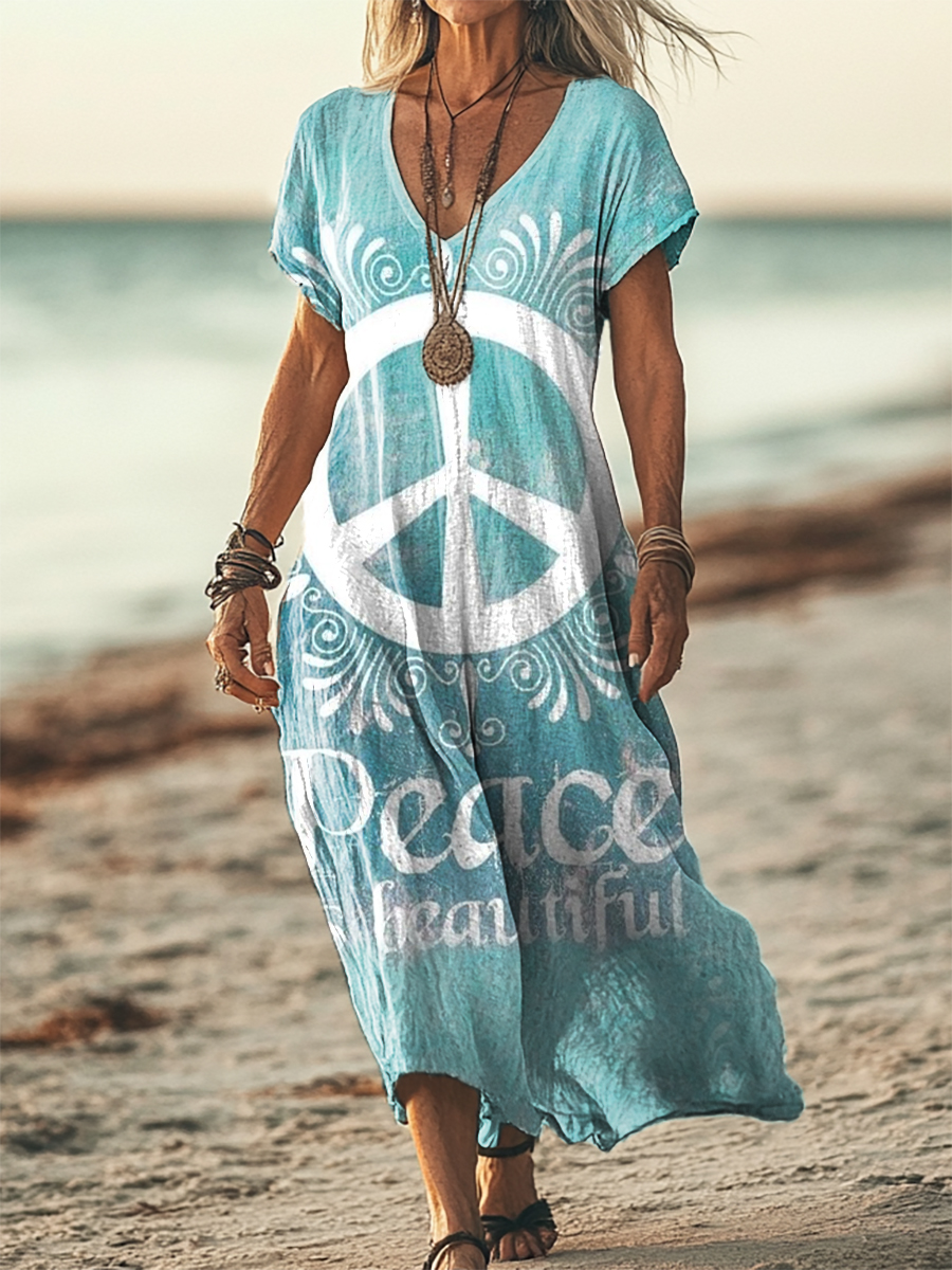 Women's Hippie Peace Is Beautiful Print Short Sleeve Pocket Cotton Linen Dress